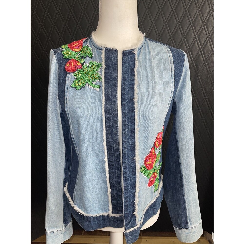 Relativity Beaded Denim Jacket Small Two Tone Denim Boho Open Front Western core